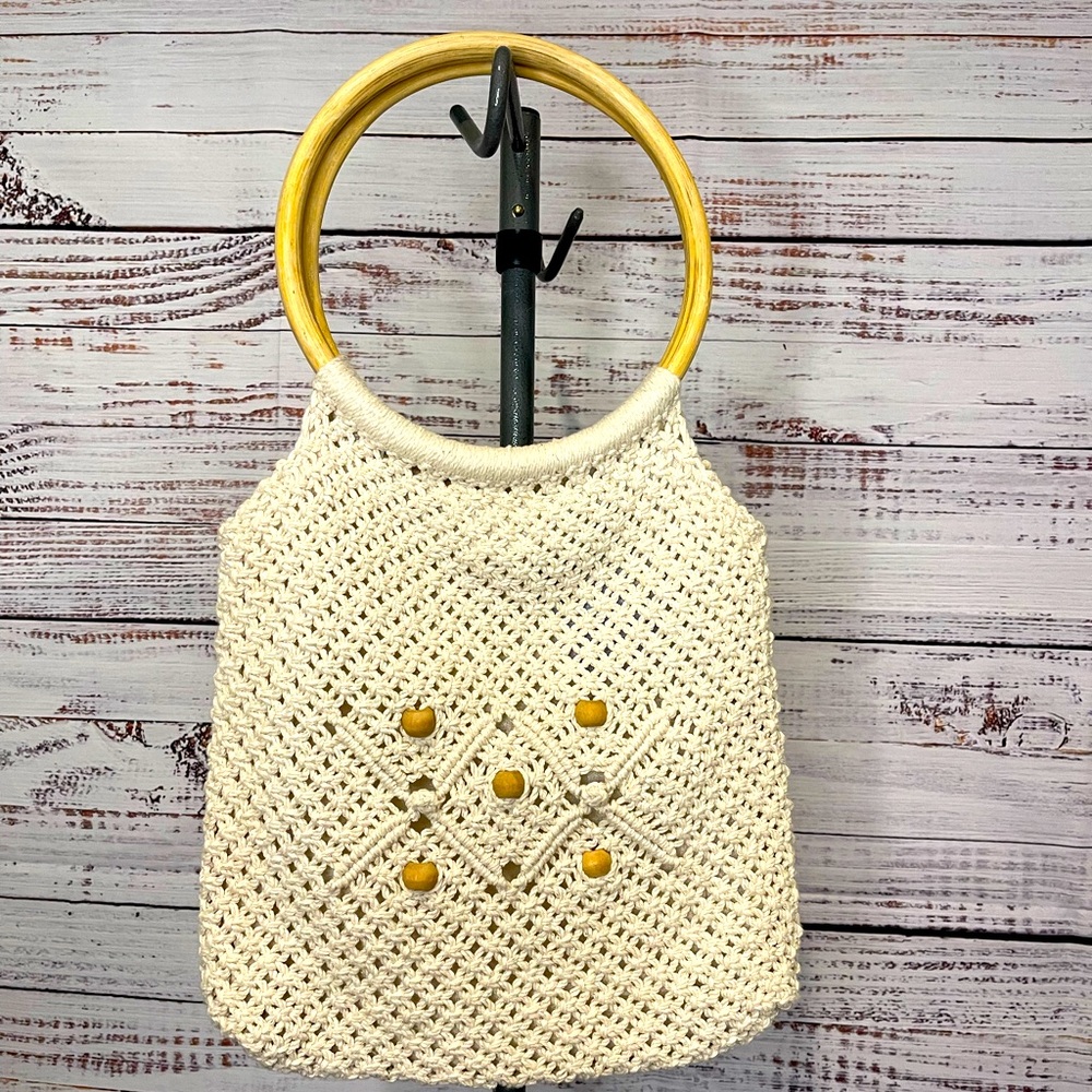 Macrame handbag with‎ wooden handles